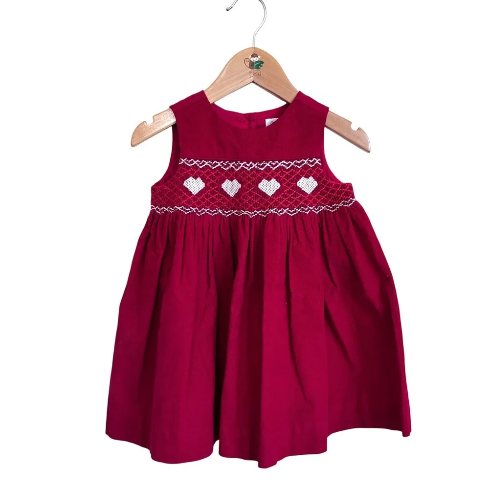 Rachel Riley Girls Heart Smocked Pinafore Dress 12M Red Hand Embroidered Holiday